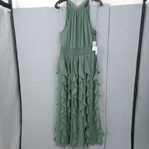 1.State Smocked Cascade Ruffle Halter Maxi Dress Blushing Blooms Green Womens M